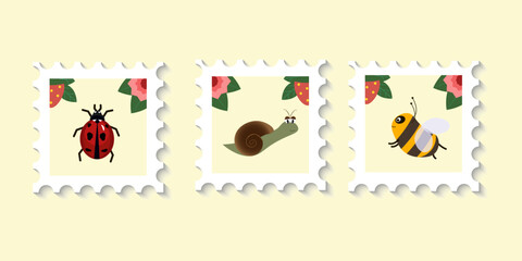 The collection of postmarks. Ladybug, snail and bee. Vector flat illustration. For stickers, diaries, social networks, mail envelopes and other decor.