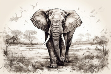 Hand drawn ink illustration of an elephant in its natural habitat. Generative AI.