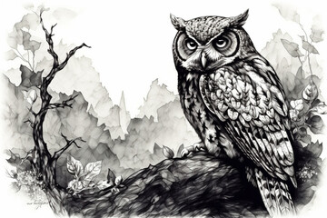 Hand drawn ink illustration of an owl in its natural habitat. Generative AI.