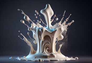 Realistic milk splashes or wave with drops and splatters. Liquid swirls and drips in shape of crown, liquid flow streams. Milky or dairy fresh product realistic 3d Rendering. Generative AI