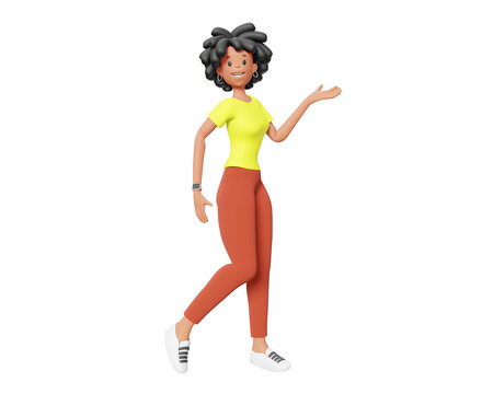 3d illustration of happy business woman with black hair isolated on white color background. 3d render design of woman character stand and show hand