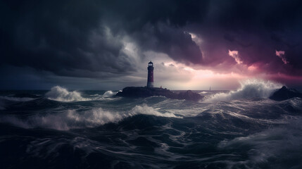 Fototapeta premium Illustration of a beautiful lighthouse in a dramatic storm. Generative AI