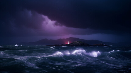 Illustration of a beautiful lighthouse in a dramatic storm. Generative AI