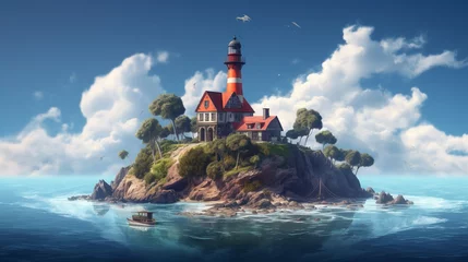 Rolgordijnen Colorful illustration of a beautiful lighthouse on an island in the middle of a calm ocean in daylight. Generative AI © Mihai Zaharia