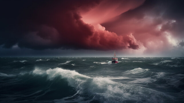 Illustration of a boat sailing in the middle of the ocean during a storm. Generative AI