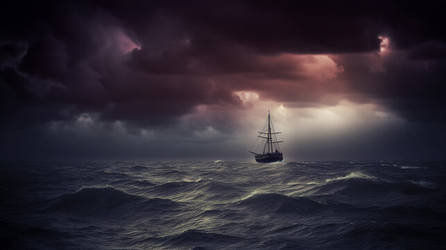 Illustration of a boat sailing in the middle of the ocean during a storm. Generative AI