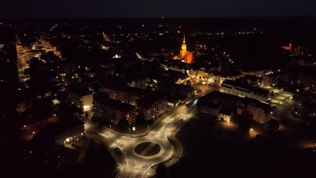 Aerial shot of the lights on the town of Spremberg in Brandenburg, Germany during nighttime