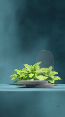 in portrait glass shape, blue wall, green plant, 3d rendering empty scene concrete octagon podium
