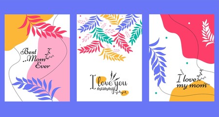 Naklejka premium Happy Mother's Day vector greeting cards set with beautiful leaves and abstract background. I Love you mummy.
