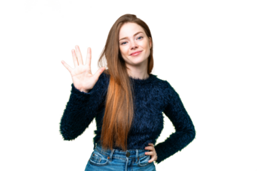 Young pretty woman over isolated chroma key background counting five with fingers