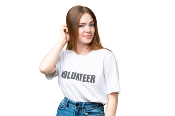 Young volunteer woman over isolated chroma key background having doubts