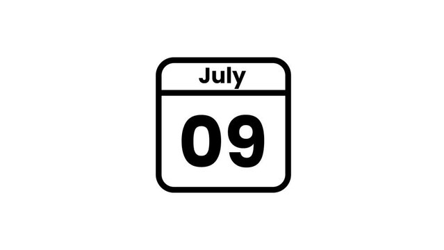 09 July calendar icon animation. Luma matte with transparent background 4K resolution