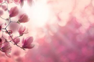 Floral spring border. Pink flower on blurred sparkle background
