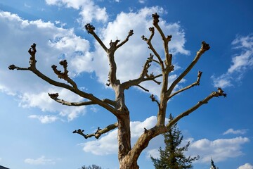Low angle of a naked tree with blue sky on the background