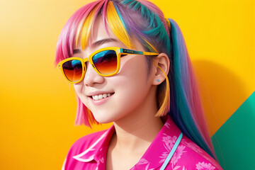 Fototapeta na wymiar Portrait of an young asian woman with colorful hair and sunglasses on abstract painted background, summer vibrancy. Generative AI.