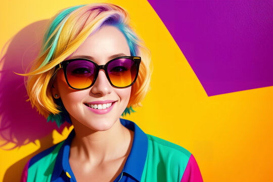 Portrait of a woman with colorful hair and sunglasses on a abstract painted background, summer vibrancy. Generative AI.