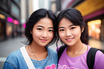 Portrait of a beautiful asian girls, city street as a background. Generative AI.