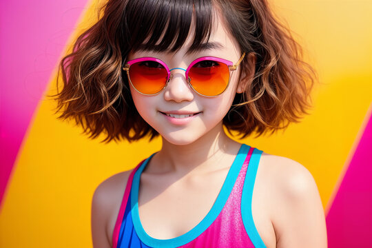 Portrait of an asian teen girl with sunglasses on a abstract painted background, summer vibrancy. Generative AI.