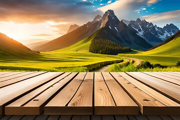 sunset in the mountains with Wooden table background with the landscape of mountains and wildlife.AI Generated