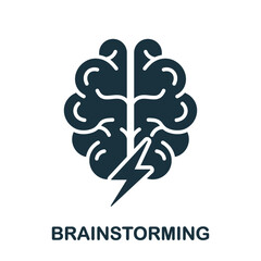 Human Brain with Lightning, Brainstorming Concept Silhouette Icon. Brainstorm Glyph Pictogram. Think about Creative Idea Solid Sign. Intellectual Process Symbol. Isolated Vector Illustration