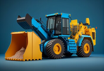 Obraz na płótnie Canvas Universal construction equipment with front loading at the front and hydraulic bucket at the rear rear render on blue background with shadow. Generative AI