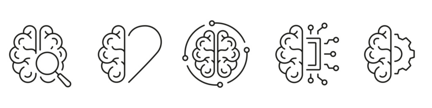Tech Science, Brainstorm, Knowledge Black Line Icon Set. Human Brain and AI Pictogram Collection. Artificial Intelligence Symbol on White Background. Editable Stroke. Isolated Vector Illustratio