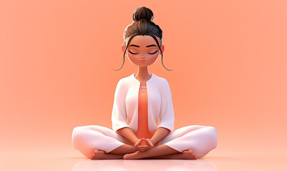 Digital illustration of a woman meditating pose, 3D rendering, calm healing atmosphere can be used for mental health, pilates, and spiritual growth, Generative Ai.
