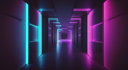neon abstract background, tunnel, entrance with a secret door