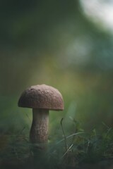 Closeup of a small mushroom growing in a forest with blurred background