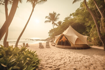 Glamping. Luxury glamorous camping. Glamping in the beautiful tropical beach. Amazing tropical beach landscape.Glamping in paradise beach background.Luxury vacation concept. Generative AI