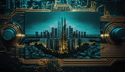 Modern city with wireless network connection and cityscape concept. Wireless network and connection technology concept with city background at night