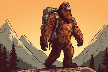 Funny hiking, bigfoot with backpack, Generative AI