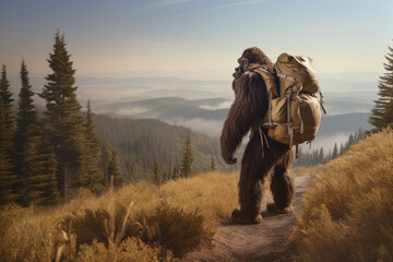 Funny hiking, bigfoot with backpack, Generative AI