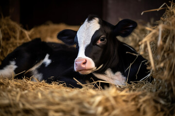 cute young black and white calf lies in straw and looks alert, Created using generative AI tools.