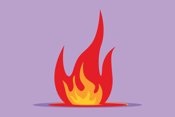 Graphic flat design drawing fire, flame. Red flame in abstract style on blue background. Flat fire. Modern art isolated graphic. Fire sign, icon, logo, label, symbol. Cartoon style vector illustration