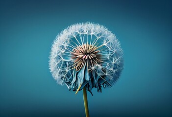 Dandelion Flower on Blue Background. Illustration AI Generative. Generative AI