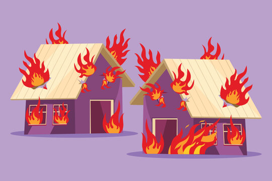 Graphic flat design drawing of burning house icon, logo. Flame in home. House building in flames. Insurance symbol from financial security, safety, damage, accident. Cartoon style vector illustration