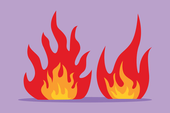 Cartoon flat style drawing fire, flame. Red flame in abstract style on blue background. Flat fire. Modern art isolated graphic. Fire sign, icon, logo, label, symbol. Graphic design vector illustration