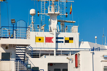 Nautical flags on a cruise ship. Navigation symbols. International alphabet