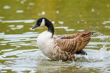 Closeup shot of a Canadian goose splashing in a green pond