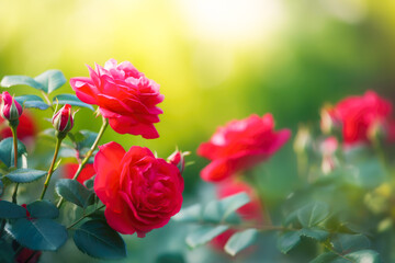 Beautiful red rose flowers on a blurred background. Generative AI.