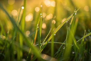 Green juicy grass in the rays of the morning rising sun and dew drops. AI Generated