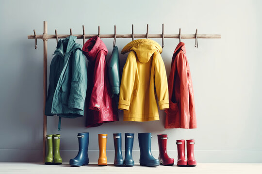 Collection of colorful raincoats and wellies
