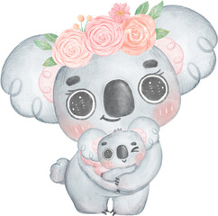 Cute Fuzzy-Eared Koala mother and baby with sweet flower banner Happy mother day watercolour whimsical Illustration