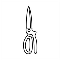 Vector black line illustration of garden tool garden shears. Spring, summer, garden theme.