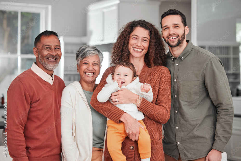 Canvas Prints Big family, portrait and happiness in a home with mother, grandparents and baby together. Parent love, smile and dad with elderly people and happy child in a house kitchen with support and care