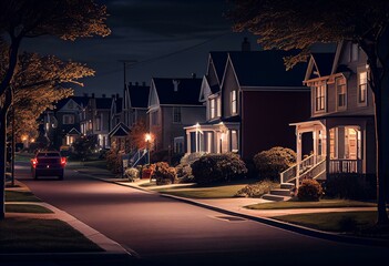 suburban neighborhood street at night with residences. Generative AI