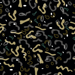 Psychedelic chaotic zig zag with dots seamless pattern. Abstract trendy vector texture with hand drawn zig zag lines for textile, wrapping paper, surface, background.