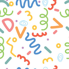 fun colorful line doodle seamless pattern. Creative minimalist style art background for children or trendy design with basic shapes. Simple childish scribble backdrop.
