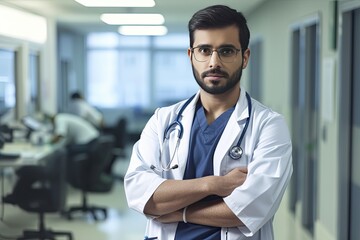 Hispanica doctor in the hospital looking at camera. Generative AI